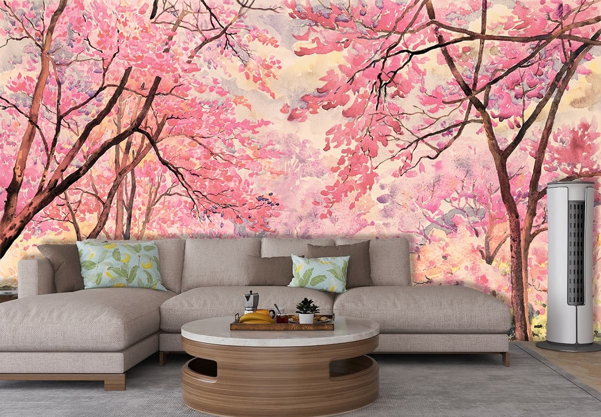 Watercolor Pink Trees Landscape Wallpaper shown in a room