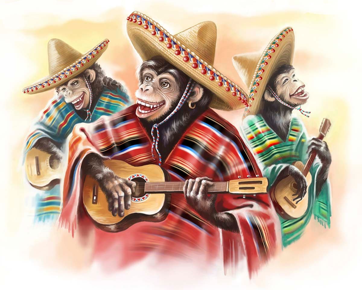 Monkeys Wearing Sombrero Playing Instruments wallpaper pattern detail