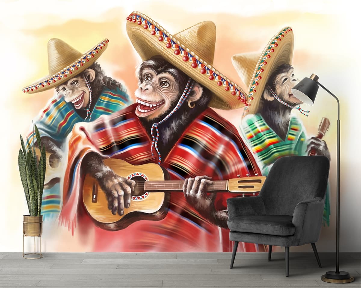 Monkeys Wearing Sombrero Playing Instruments wallpaper shown in a room