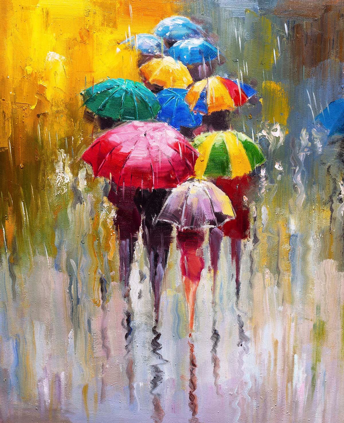 Urban Scene with People and Umbrellas wallpaper pattern detail