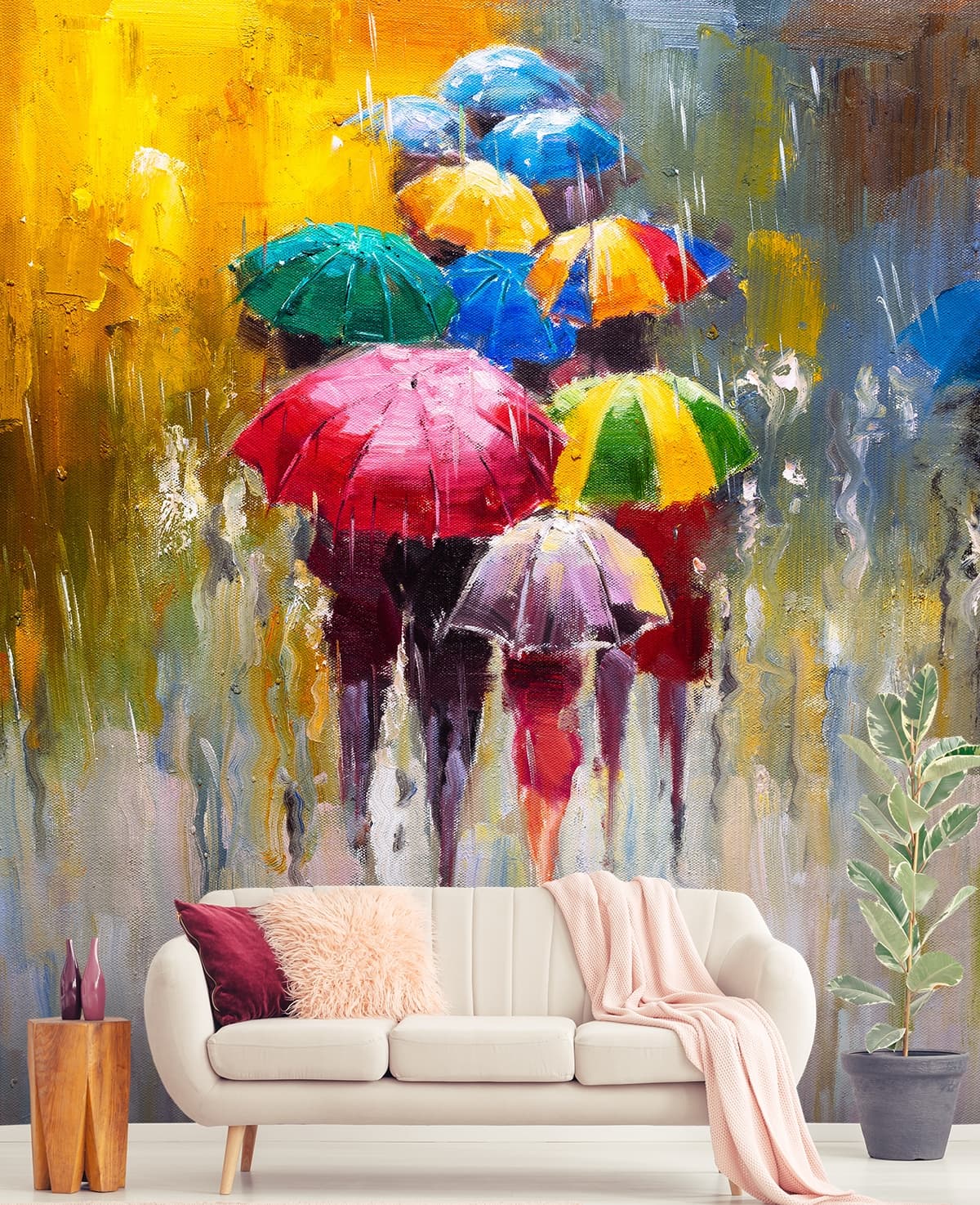 Urban Scene with People and Umbrellas wallpaper shown in a room