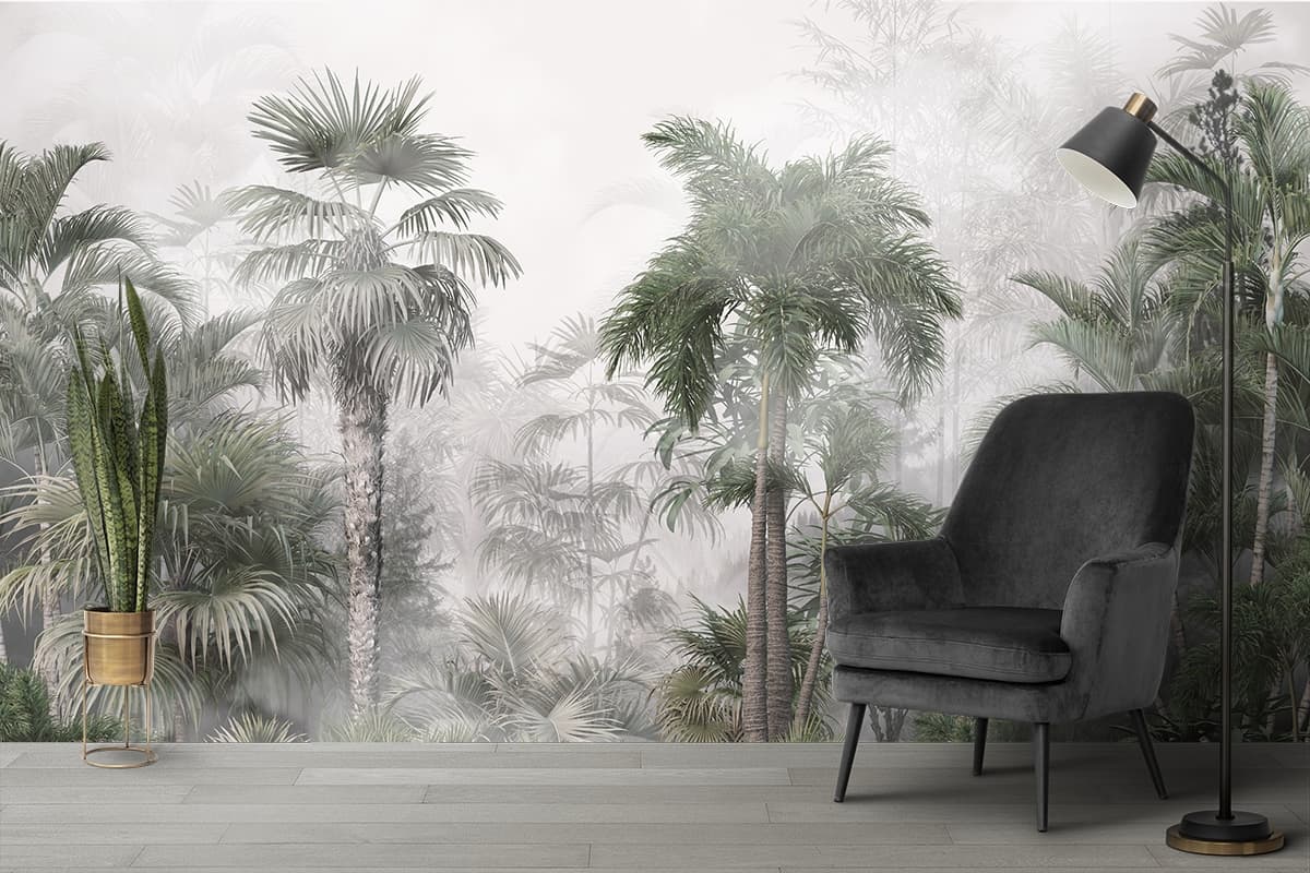 Trees and Fog, Forest Wallpaper for Walls shown in a room