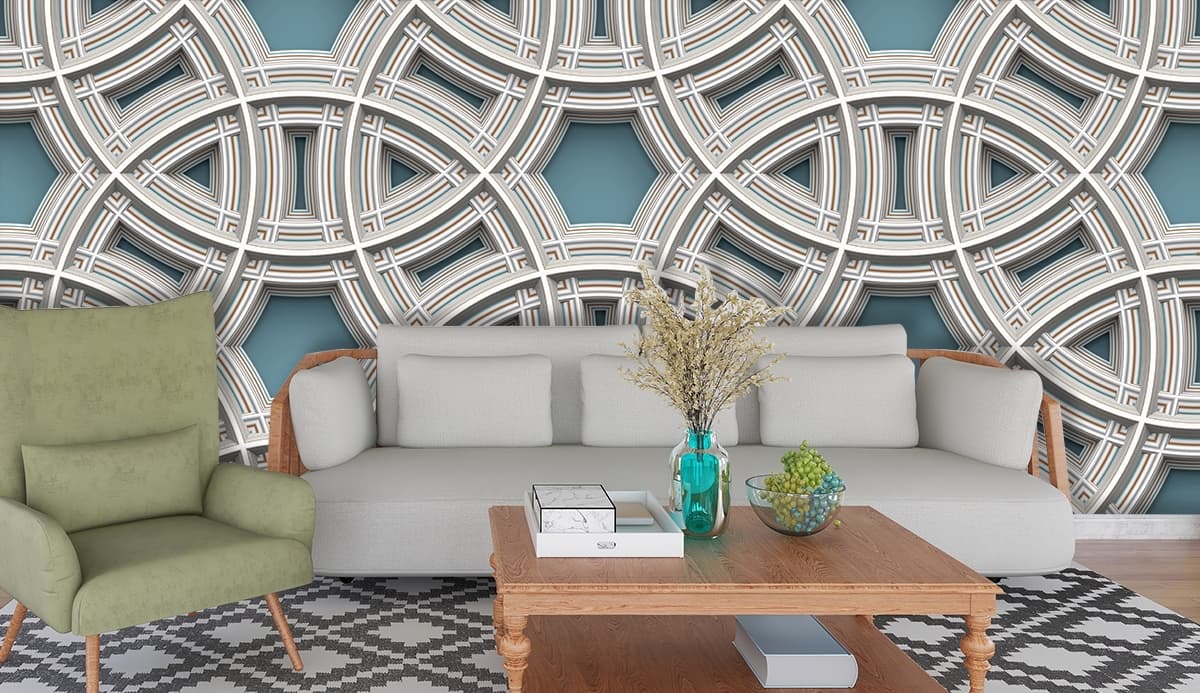 A pattern of white and blue circular shapes shown in a room