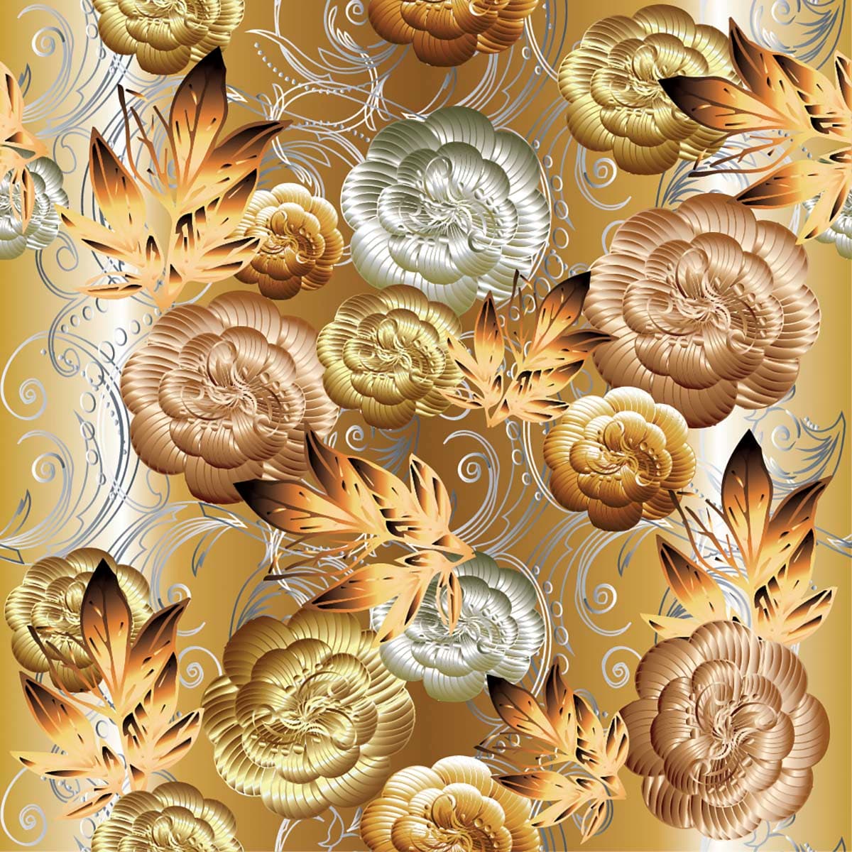 Luxury Floral Gold Art with Metallic Leaves Wallpaper pattern detail
