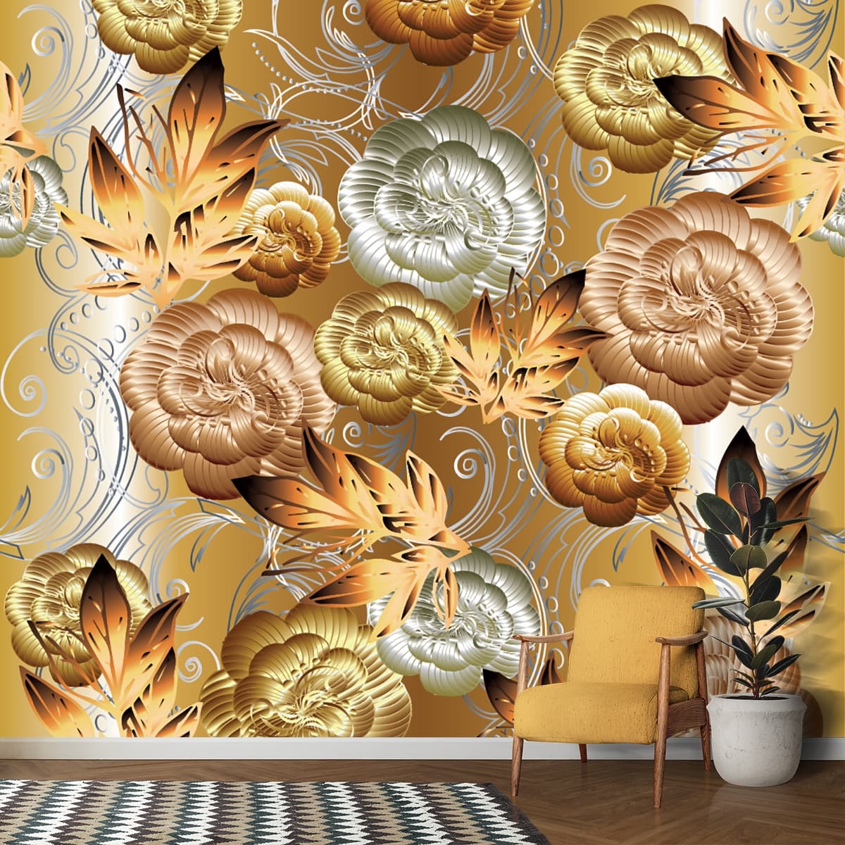 Luxury Floral Gold Art with Metallic Leaves Wallpaper shown in a room