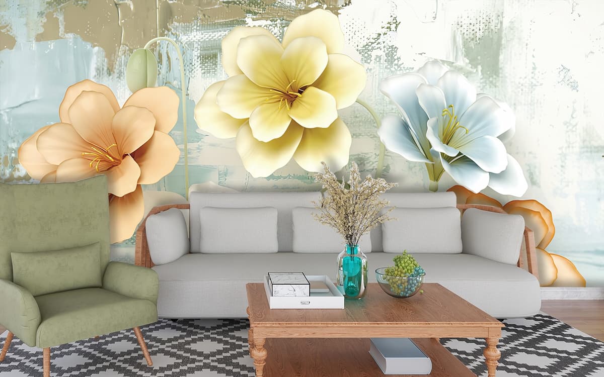 A group of flowers on a wall shown in a room