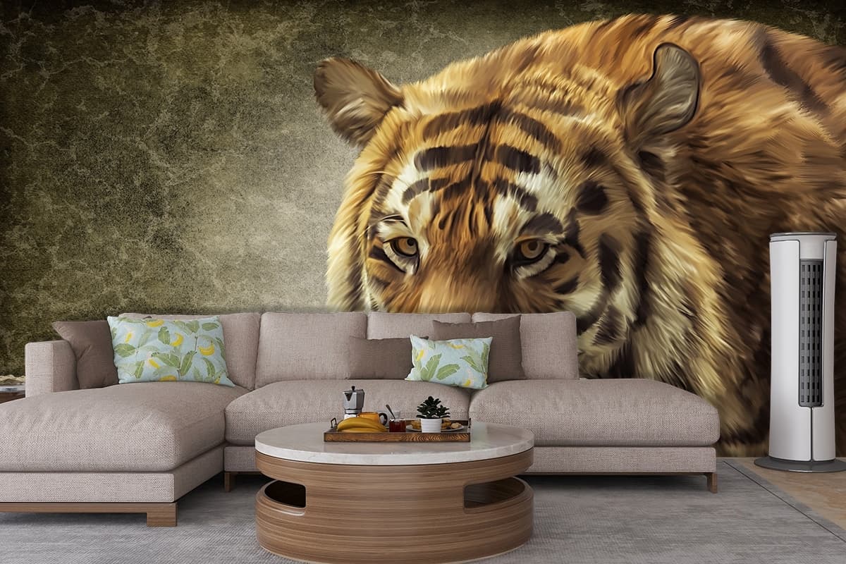 Fierce Tiger Open Mouth Jungle Theme Wallpaper shown in a room