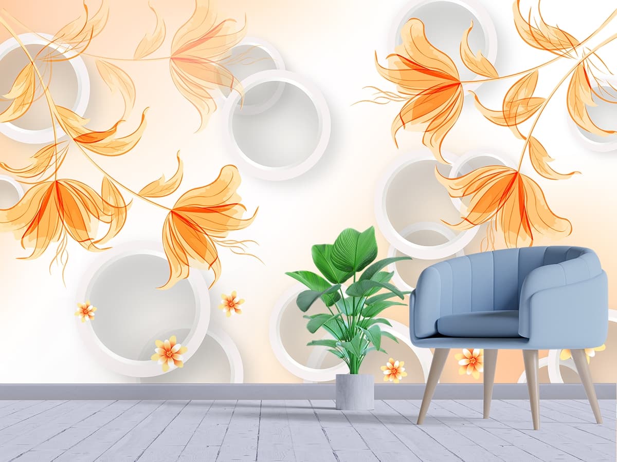 A white circles and orange flowers shown in a room