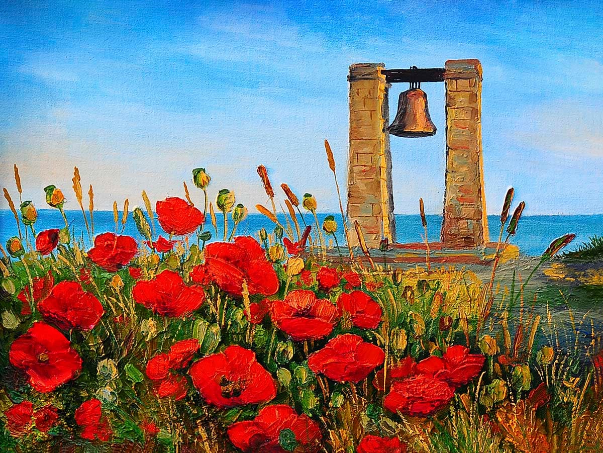 A painting of flowers and a bell pattern detail