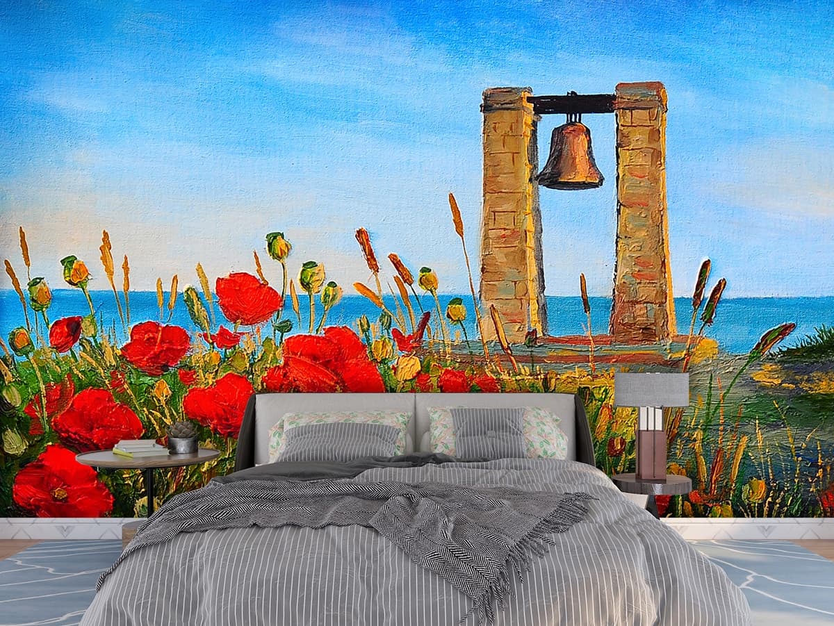 A painting of flowers and a bell shown in a room