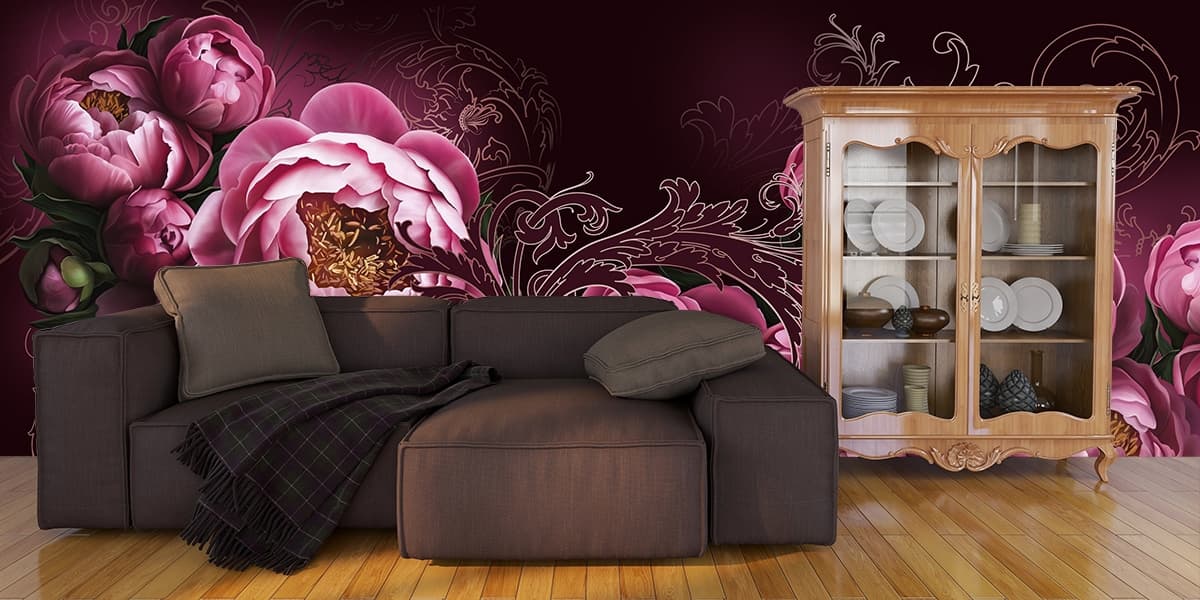 3D Pink Peonies Design Wallpaper shown in a room