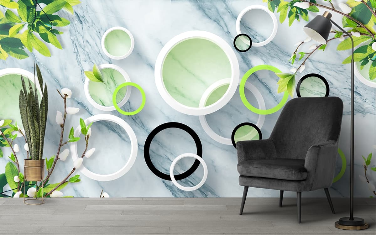 Elegant Marble Texture with Leaves and Circles Wallpaper shown in a room
