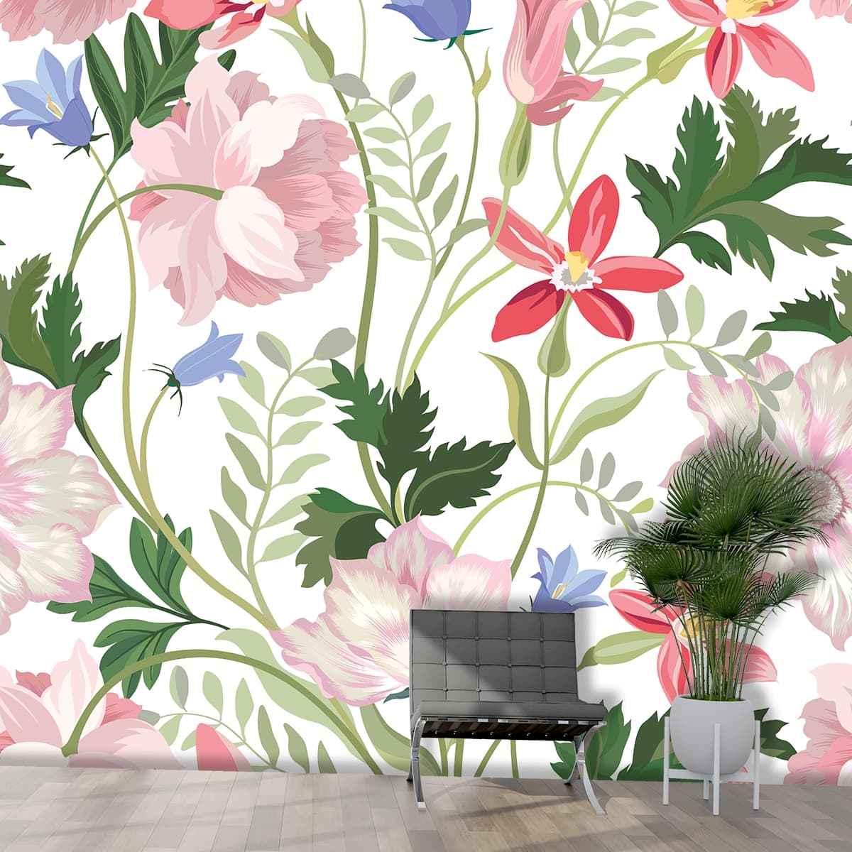 A floral pattern with flowers shown in a room