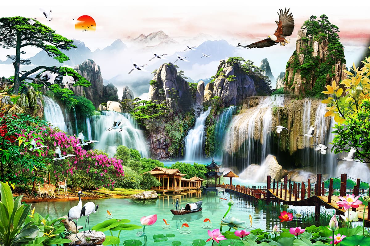 Beautiful waterfall bridge with birds flying wallpaper pattern detail