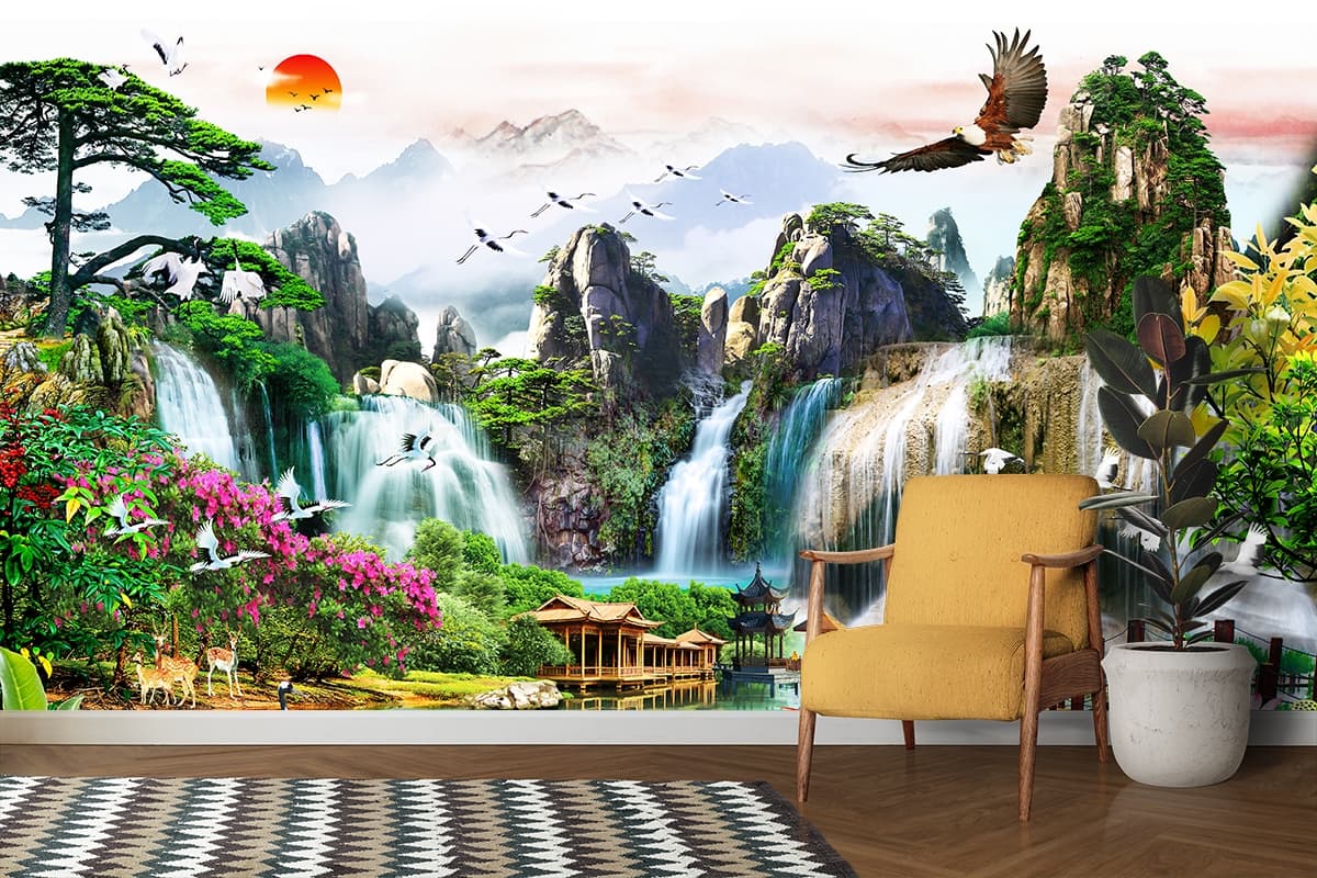 Beautiful waterfall bridge with birds flying wallpaper shown in a room
