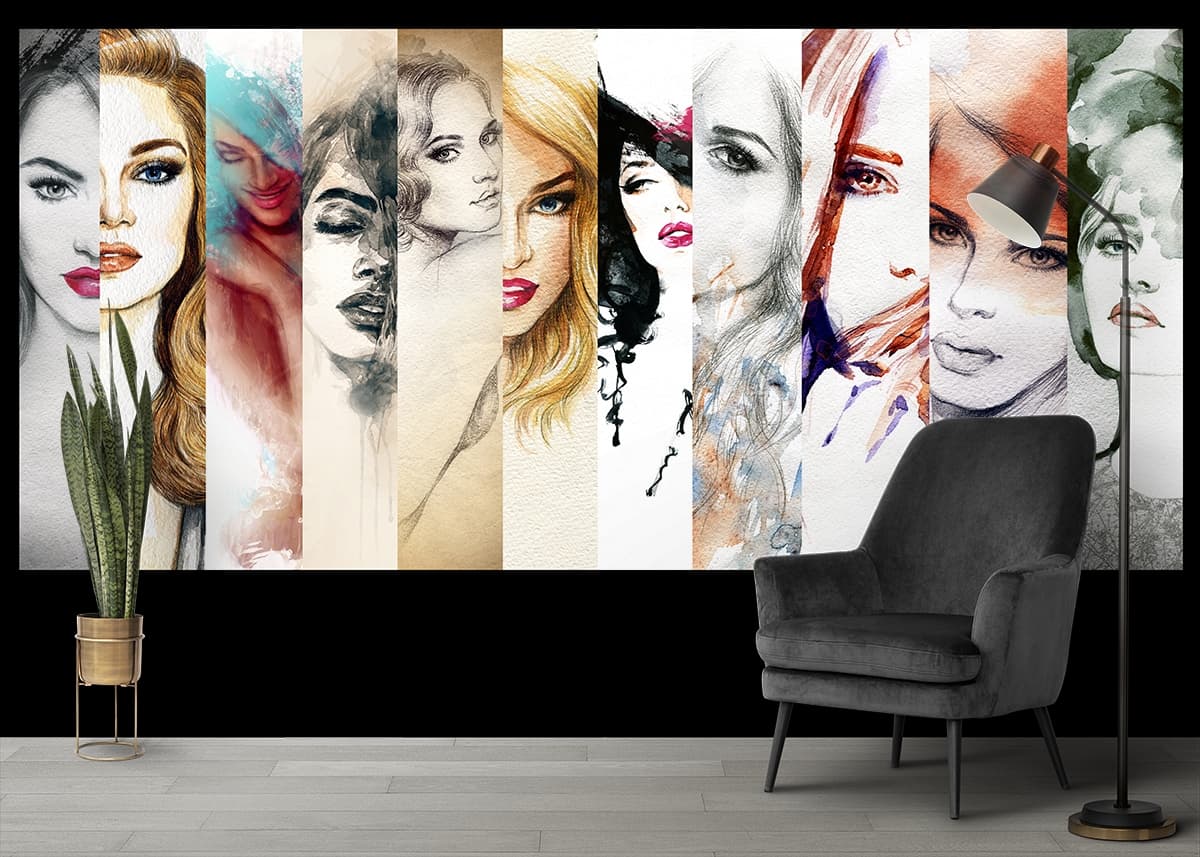 Stylish Female Face Collage Pattern Wall Wallpaper shown in a room
