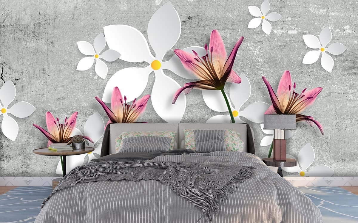 Pink and White Flowers Floral Design wallpaper shown in a room
