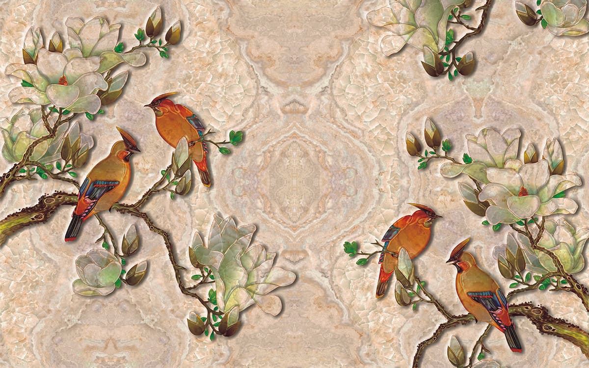 A wallpaper with birds on branches pattern detail