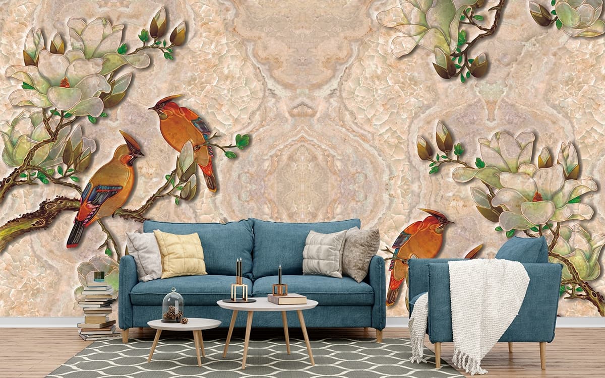 A wallpaper with birds on branches shown in a room