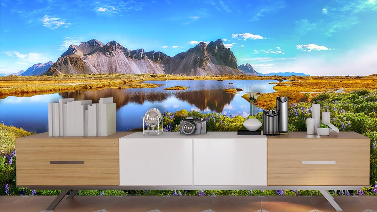 Lake Surrounded by Mountains Scenic Wall Mural Wallpaper shown in a room