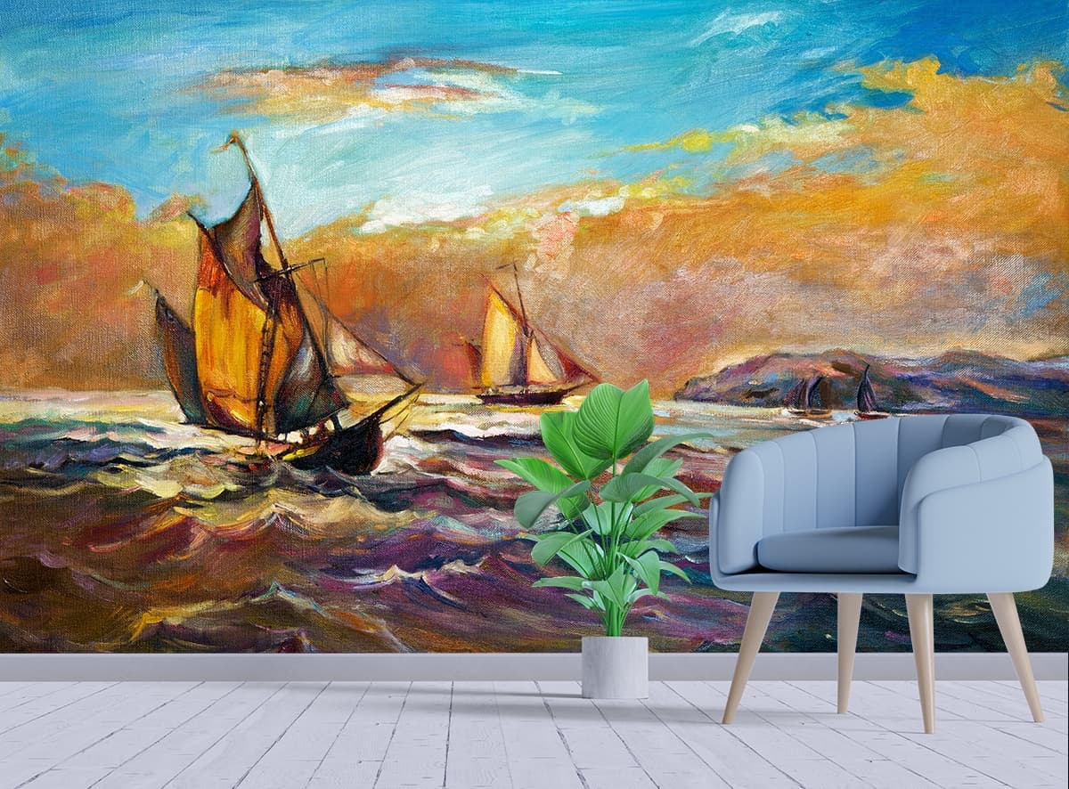 Modern Nautical Wallpaper with Ocean Background shown in a room