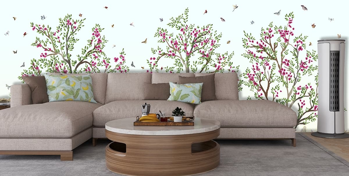 Pink Flower Trees Nature Landscape Aesthetic wallpaper shown in a room