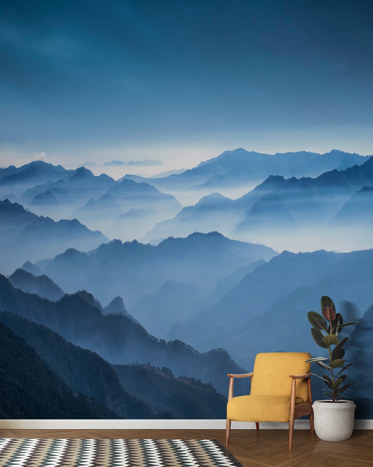 Pahadiyan, Mountain Range with Fog Wallpaper for Wall shown in a room