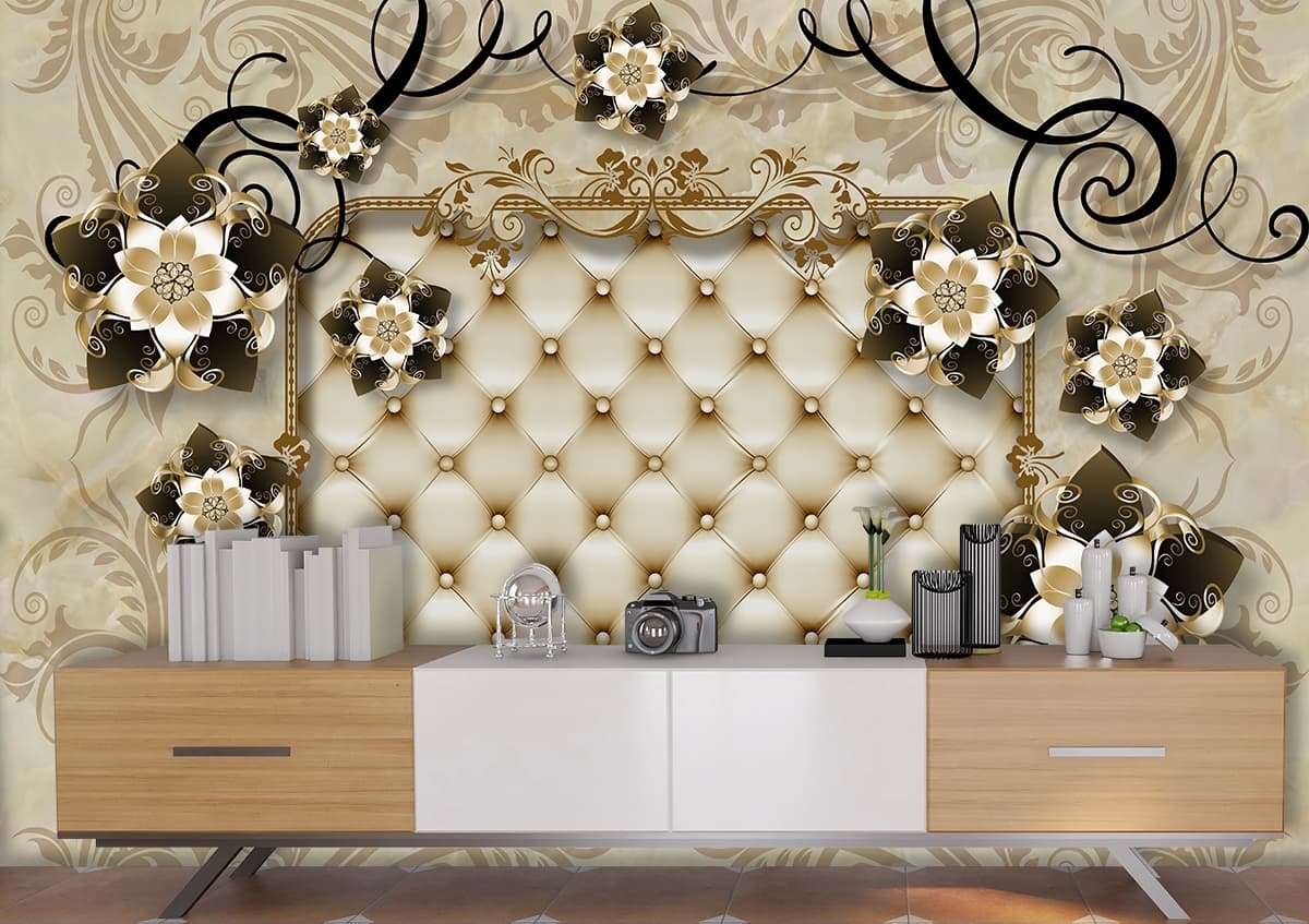 A wallpaper with a floral design shown in a room