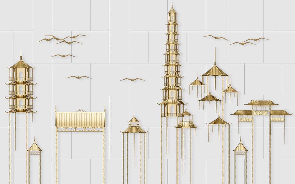 Gold Pagoda and Birds on White Wall Design wallpaper pattern detail