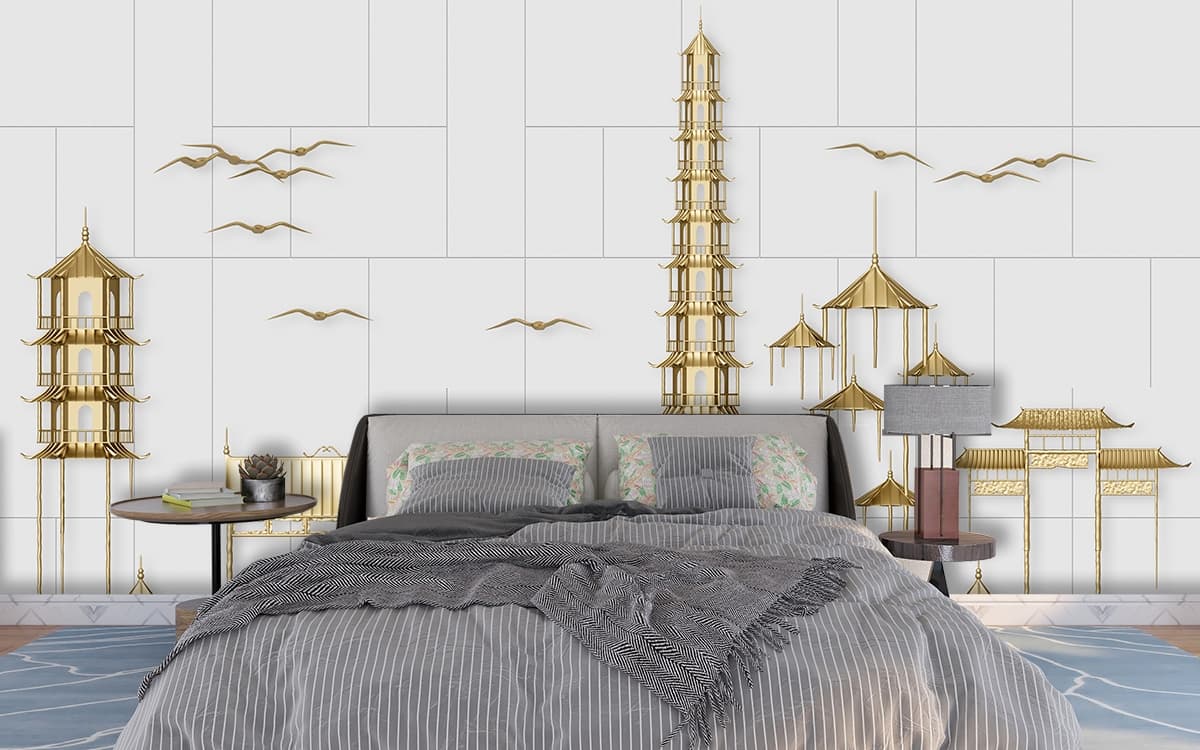Gold Pagoda and Birds on White Wall Design wallpaper shown in a room