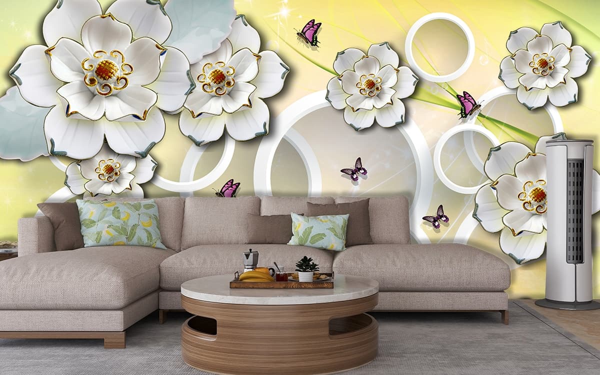 Soft Floral Pattern with Butterfly Rings 3D Wallpaper shown in a room