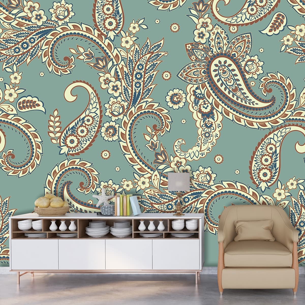 Classic Paisley and Floral Pattern Wallpaper for Timeless Wall Design shown in a room