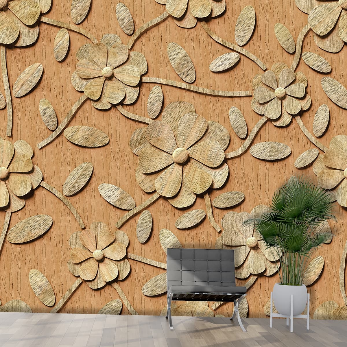 Heritage Wood Carved Flowers and Leaves wallpaper shown in a room
