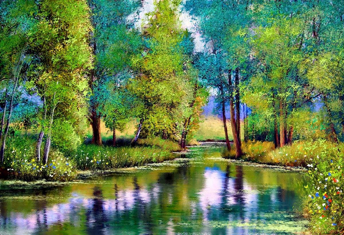 Nature River and Forest Scenic View Design Wallpaper pattern detail