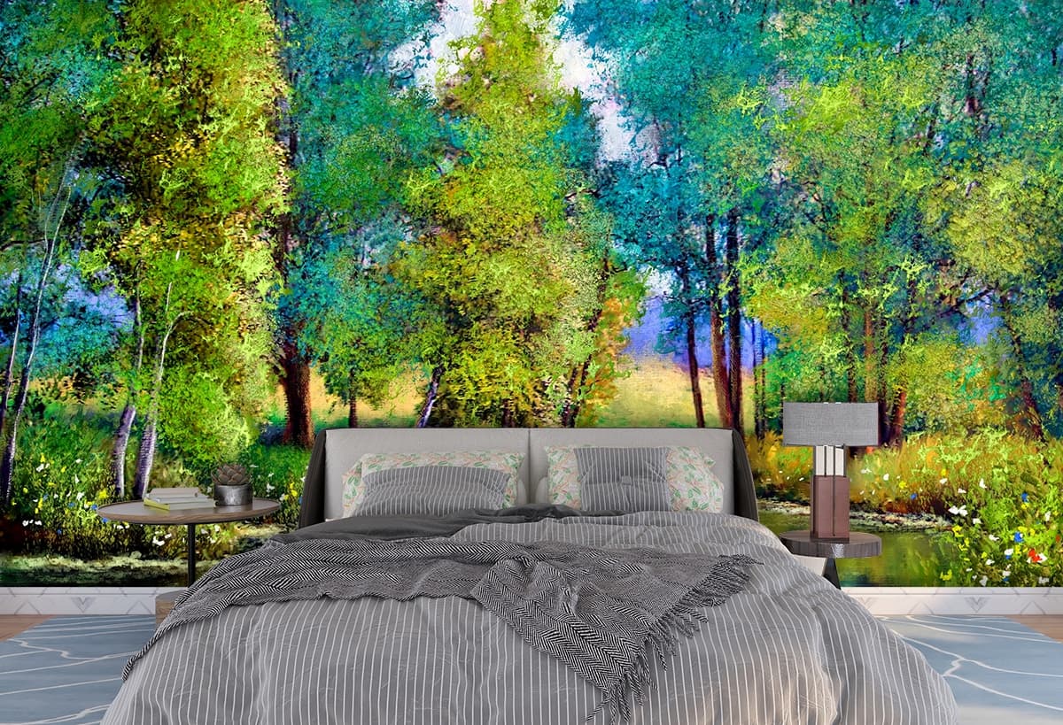 Nature River and Forest Scenic View Design Wallpaper shown in a room