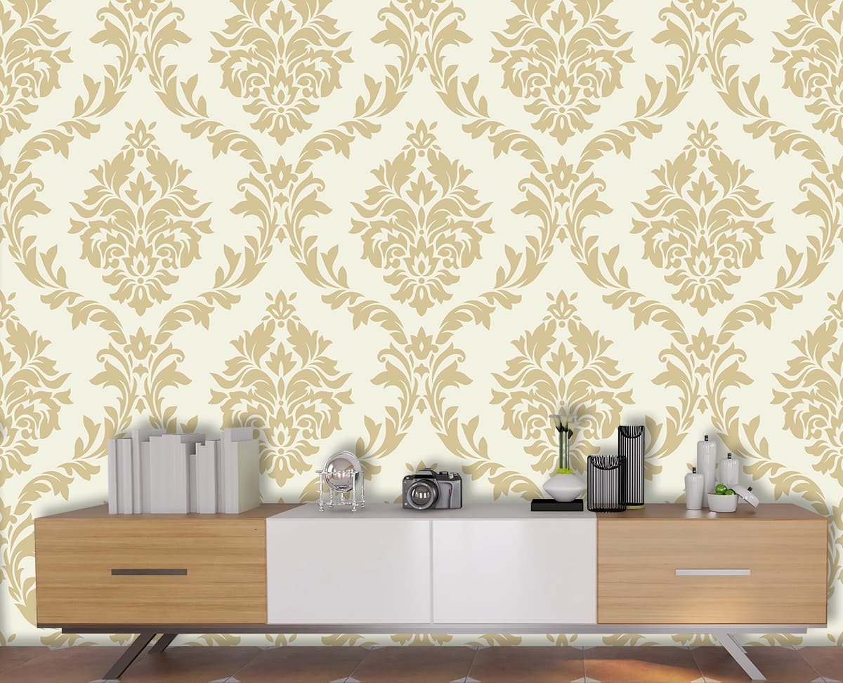 Beige Floral Pattern Wallpaper Mural shown in a room