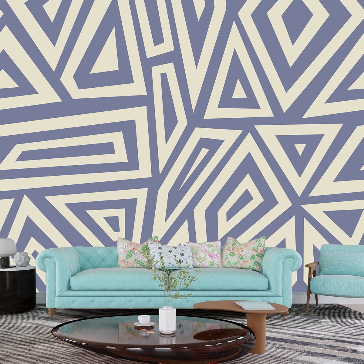Modern Blue and White Abstract Pattern Wallpaper Mural shown in a room