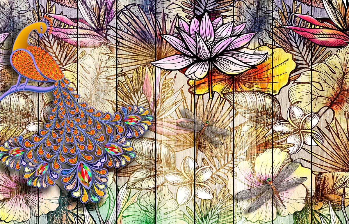 Colorful Floral Pattern on Wooden Fence Rustic Wallpaper pattern detail