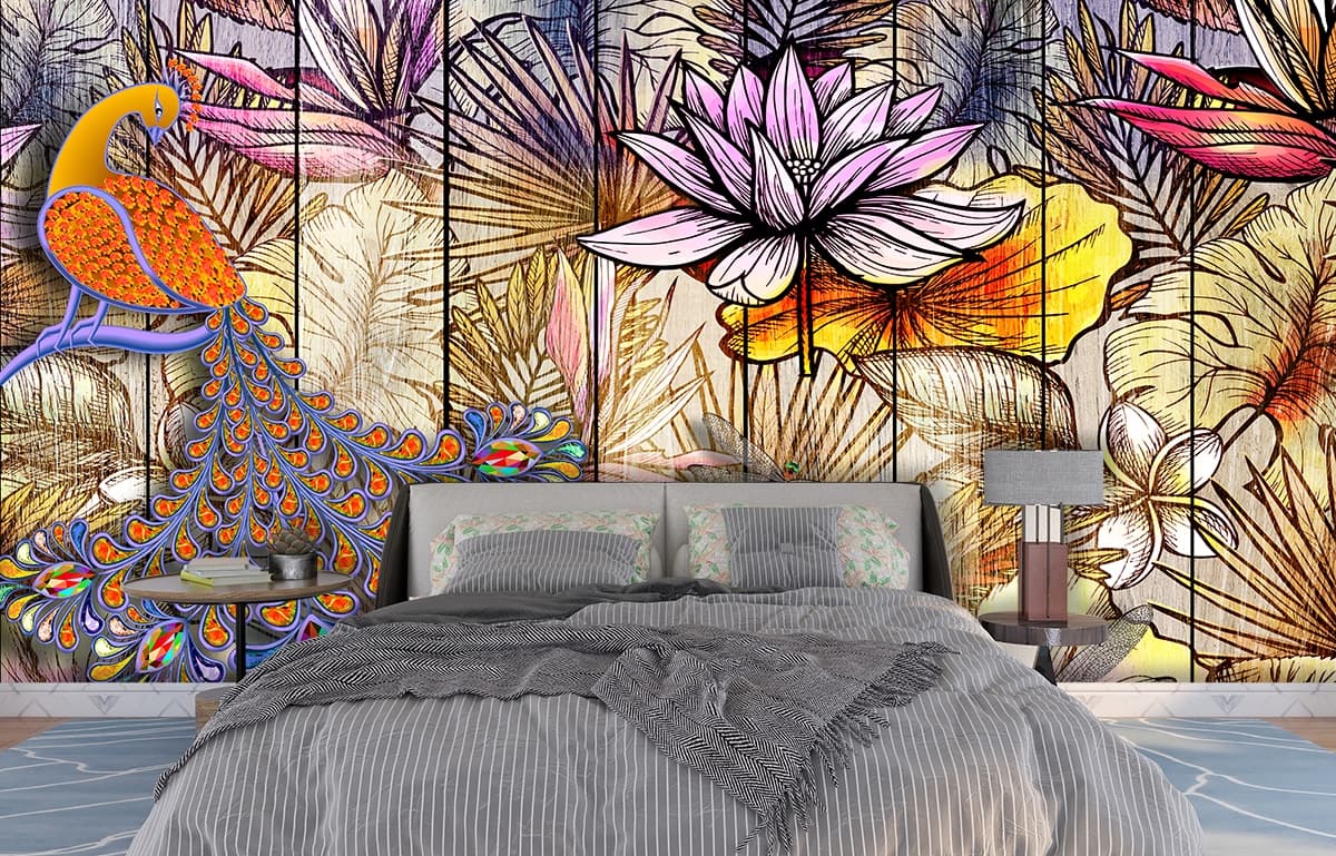 Colorful Floral Pattern on Wooden Fence Rustic Wallpaper shown in a room