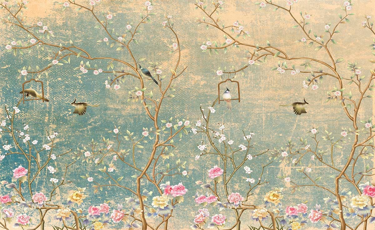 Birds and Flowers Nature Pattern Wallpaper pattern detail