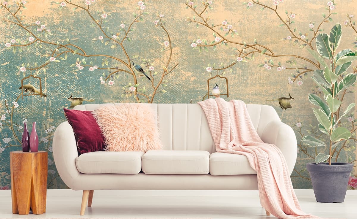 Birds and Flowers Nature Pattern Wallpaper shown in a room