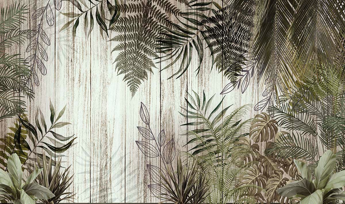 Wooden Wall with Plants Nature Design Wallpaper pattern detail