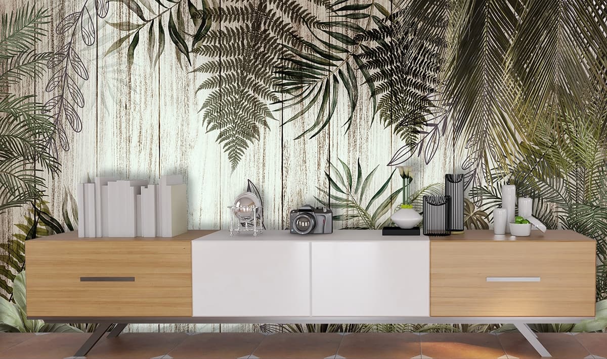 Wooden Wall with Plants Nature Design Wallpaper shown in a room