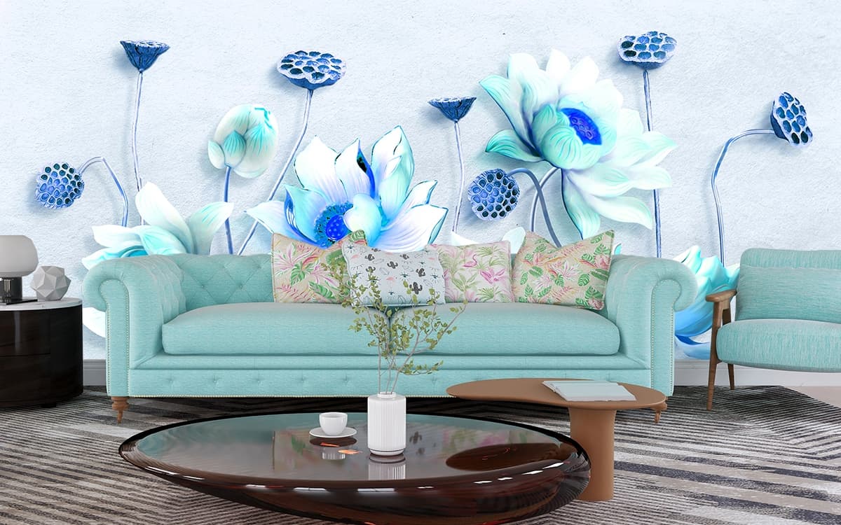 Wallpaper of Flowers Illustrated on a Pristine White Background shown in a room