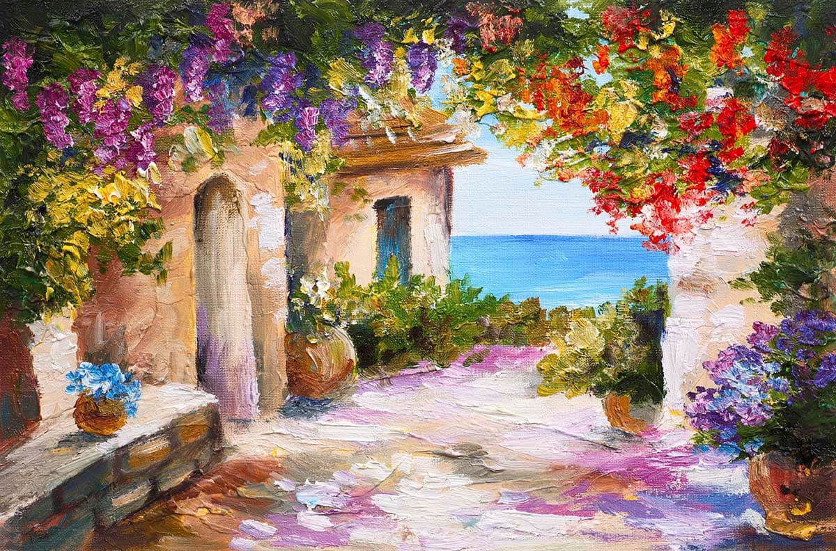 Garden House with Flowers Painting wallpaper pattern detail