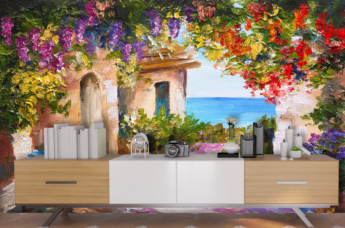 Garden House with Flowers Painting wallpaper shown in a room