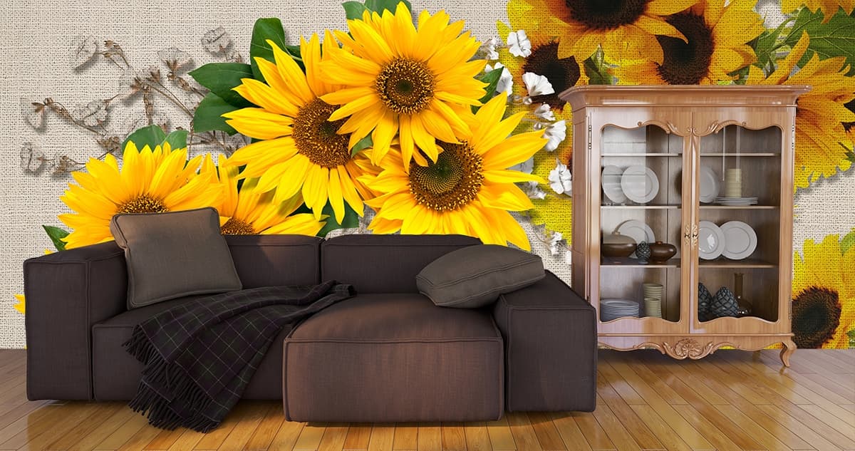 Bright Sunflower Floral Fabric Texture Aesthetic Wallpaper shown in a room