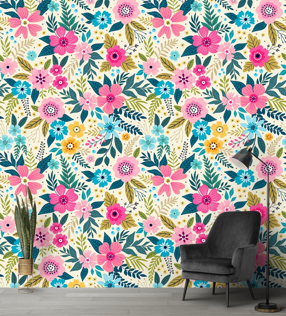 A Pattern of Leaves and Colorful Flowers for Wall shown in a room