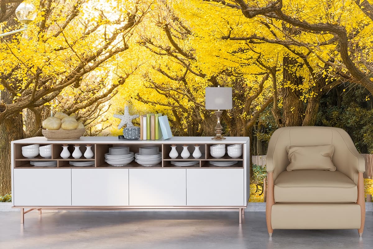 Autumn Path with Yellow Leaves Nature Wallpaper Design shown in a room