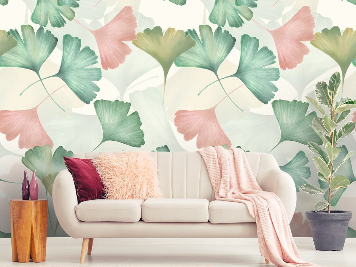Pink And Green Tropical Leaf Wallpaper shown in a room